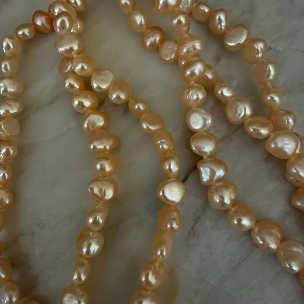 Vintage Freshwater Peach  Pearl Triple Strand Necklace Sterling Silver 925 clasp
